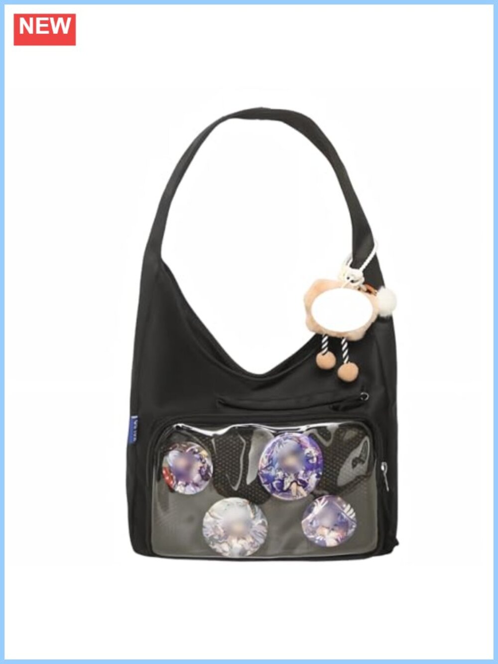 Nylon Large Tote Bag with Clear Pin Display Pockets Y2K Aesthetic Shoulder Purse